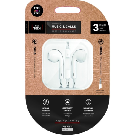 Écouteurs intra-auriculaires TechOneTech EarTech - Microphone intégré - Prise mini-jack 3,5 mm - Câble de 1,20 m - Blanc