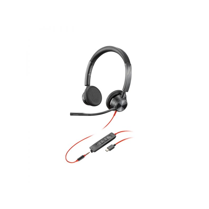 Casque HP Poly Blackwire 3225 avec microphone - USB + prise jack 3,5 mm - Commandes intégrées - Adaptateur USB-C/A - Noir