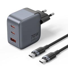 Chargeur mural Vention - 70 W - GaN - Câble de 1 m inclus - 2 ports USB-C - 1 port USB-A - Charge rapide PD - Technologie PPS