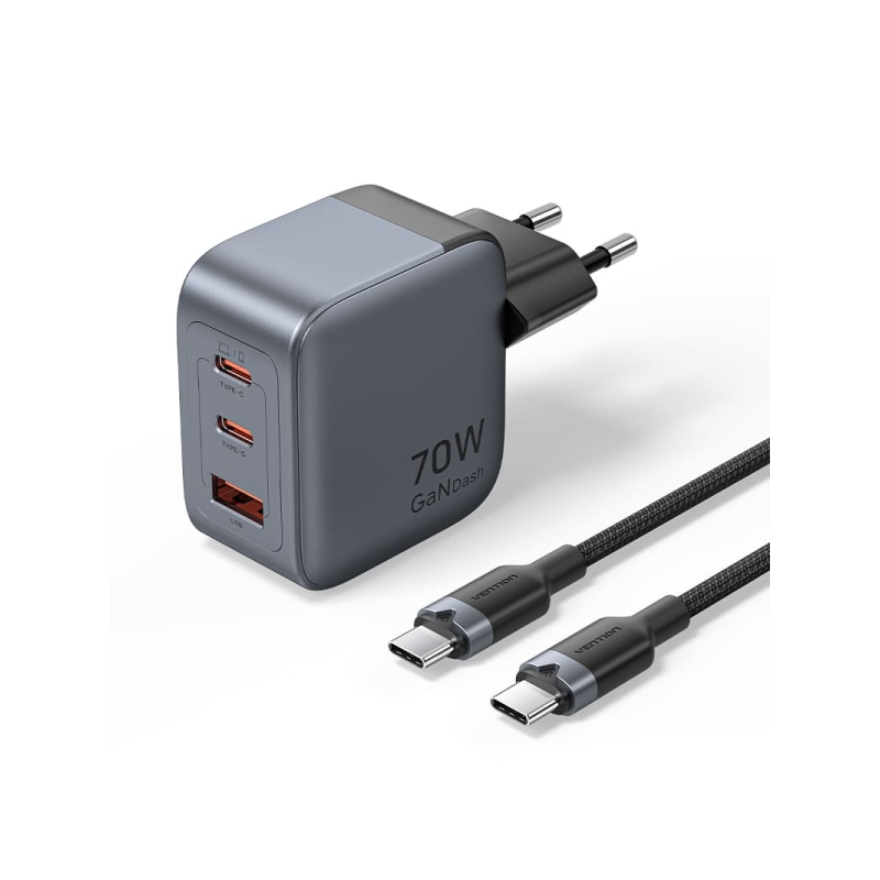 Chargeur mural Vention - 70 W - GaN - Câble de 1 m inclus - 2 ports USB-C - 1 port USB-A - Charge rapide PD - Technologie PPS