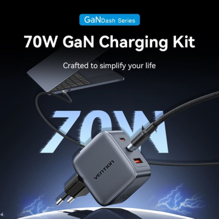 Chargeur mural Vention - 70 W - GaN - Câble de 1 m inclus - 2 ports USB-C - 1 port USB-A - Charge rapide PD - Technologie PPS
