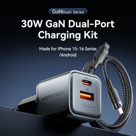 Chargeur mural Vention - 30 W - GaN - Câble de 1 m inclus - USB-C - USB-A - Power Delivery 3.0 - Qualcomm 3.0 - Charge rapide