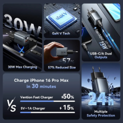 Chargeur mural Vention - 30 W - GaN - Câble de 1 m inclus - USB-C - USB-A - Power Delivery 3.0 - Qualcomm 3.0 - Charge rapide