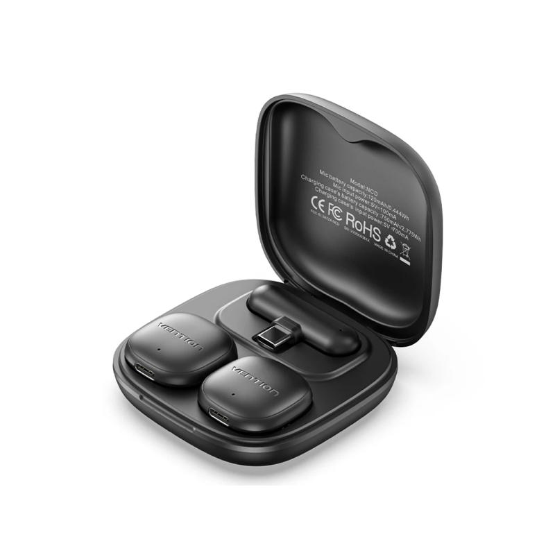 Microphone cravate sans fil Vention - Fixation magnétique ou à clip - 2 émetteurs - 1 récepteur - Réduction du bruit par IA