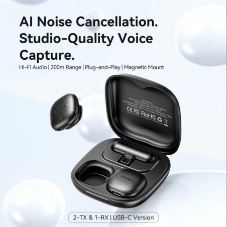 Microphone cravate sans fil Vention - Fixation magnétique ou à clip - 2 émetteurs - 1 récepteur - Réduction du bruit par IA