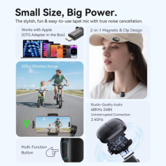 Microphone cravate sans fil Vention - Fixation magnétique ou à clip - 2 émetteurs - 1 récepteur - Réduction du bruit par IA