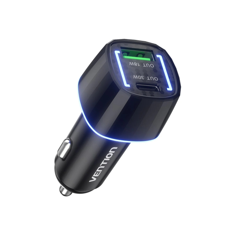 Chargeur de voiture Vention pour smartphone - 48 W - USB-C - USB-A - Power Delivery 3.0 - Qualcomm 3.0 - Noir