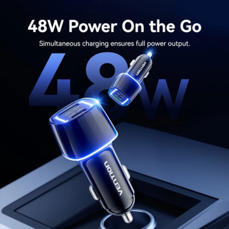 Chargeur de voiture Vention pour smartphone - 48 W - USB-C - USB-A - Power Delivery 3.0 - Qualcomm 3.0 - Noir
