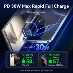 Chargeur de voiture Vention pour smartphone - 48 W - USB-C - USB-A - Power Delivery 3.0 - Qualcomm 3.0 - Noir