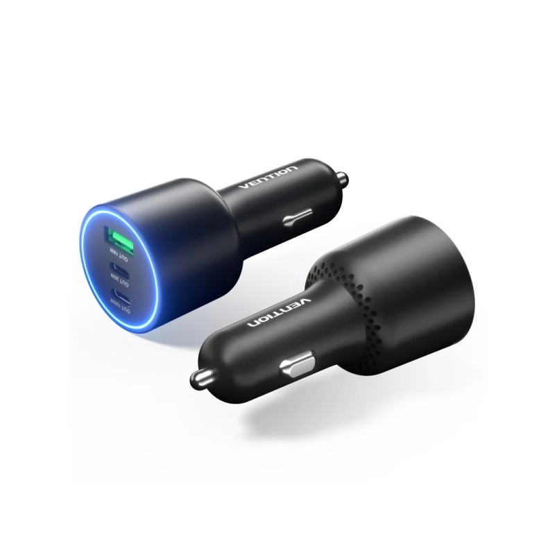 Chargeur de voiture Vention pour smartphone - 100 W - 2 ports USB-C - 1 port USB-A - Power Delivery 3.0 - Qualcomm 3.0 - Noir