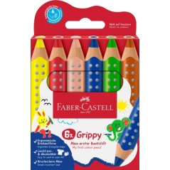 Coffret Faber-Castell Grippy de 6 crayons de couleur épais, mine tendre XXL, forme triangulaire avec grip, couleurs assorties