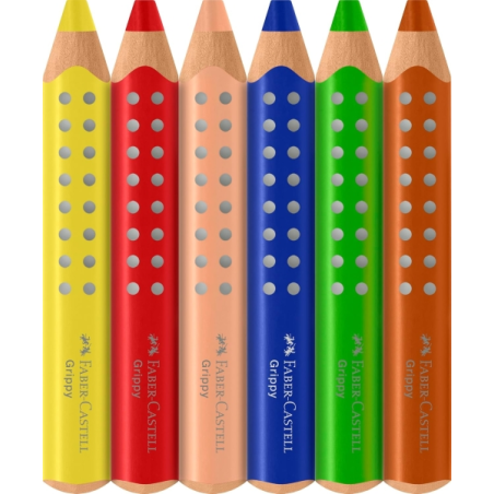 Coffret Faber-Castell Grippy de 6 crayons de couleur épais, mine tendre XXL, forme triangulaire avec grip, couleurs assorties