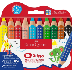 Coffret Faber-Castell Grippy de 10 crayons de couleur épais, mine tendre XXL, forme triangulaire avec grip, couleurs assorties