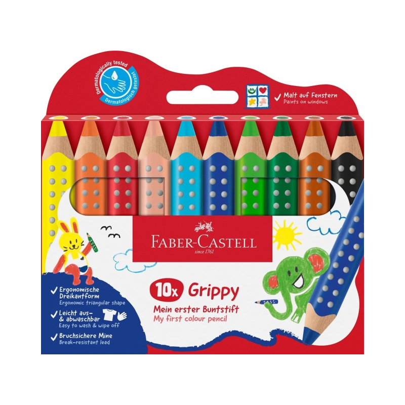 Coffret Faber-Castell Grippy de 10 crayons de couleur épais, mine tendre XXL, forme triangulaire avec grip, couleurs assorties