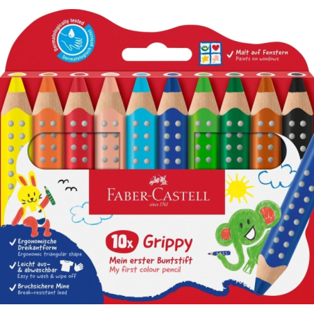 Coffret Faber-Castell Grippy de 10 crayons de couleur épais, mine tendre XXL, forme triangulaire avec grip, couleurs assorties