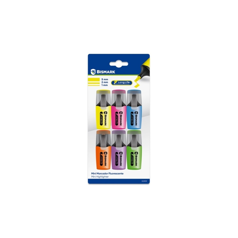 Lot de 6 mini marqueurs fluorescents néon longue durée Bismark - Encre à séchage rapide - Pointe biseautée - Idéal pour