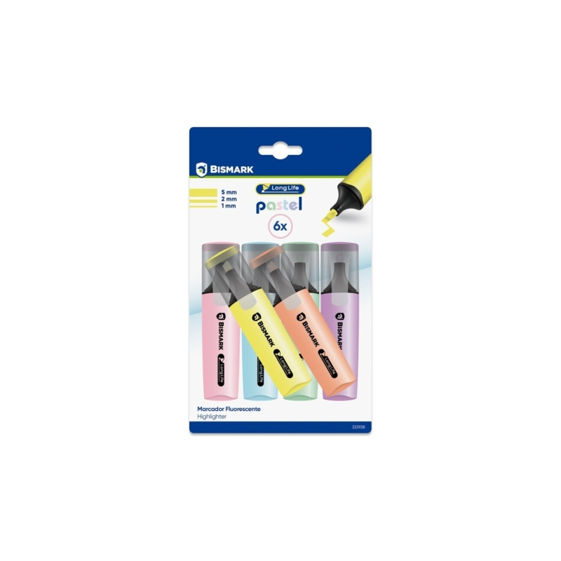 Lot de 6 marqueurs fluorescents pastel longue durée Bismark - Encre à séchage rapide - Pointe biseautée - Idéal pour souligner