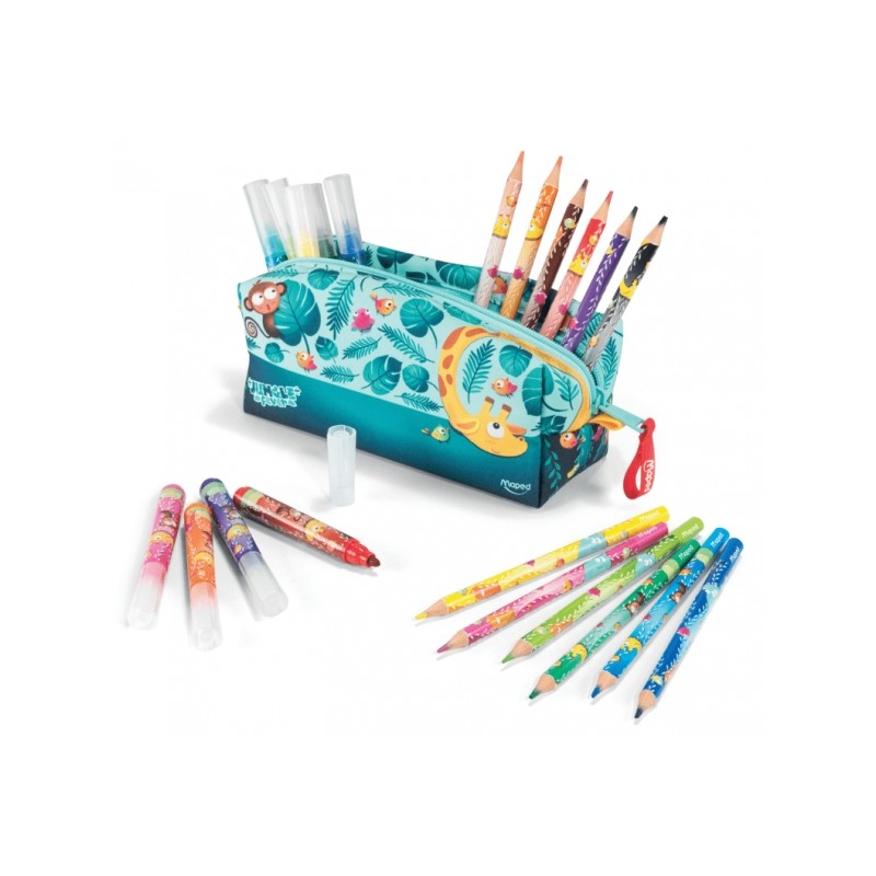 Maped Jungle Fever Babies Étui en tissu avec 12 crayons de couleur Jumbo Jungle Fever (à partir de 2 ans) et 12 marqueurs de