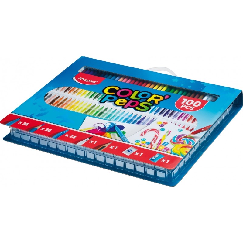 Maped Color`Peps Pack de 100 pièces de coloriage - 36 marqueurs, 36 crayons, 24 crayons de couleur, 1 marqueur à pointe