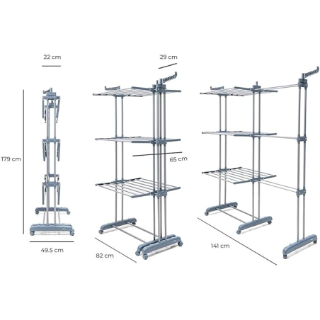 Étendoir à linge vertical extensible Innovagoods Dolver XL avec roulettes - 30 barres - Supporte jusqu'à 45 kg - Pliable - 2