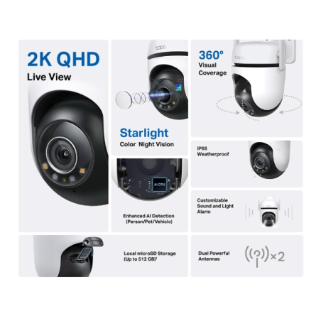 Caméra de sécurité IP WiFi TP-Link Tapo C520WS 2K QHD 4MP - Convient pour l'intérieur/extérieur - Vision panoramique à 360º