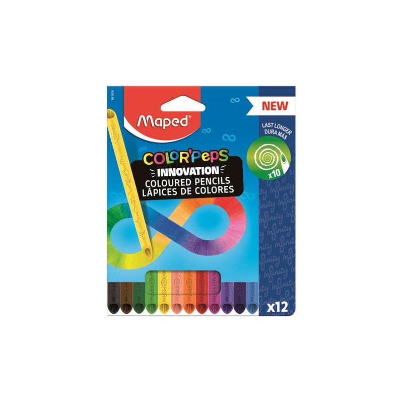 Maped Color'Peps Infinity Pack de 12 Crayons de Couleur Longue Tenue - Entièrement en Mine - Couleurs Assorties