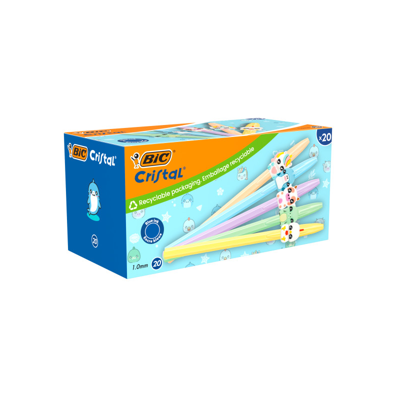 Lot de 20 stylos bille Bic Cristal Pastel motifs animaux