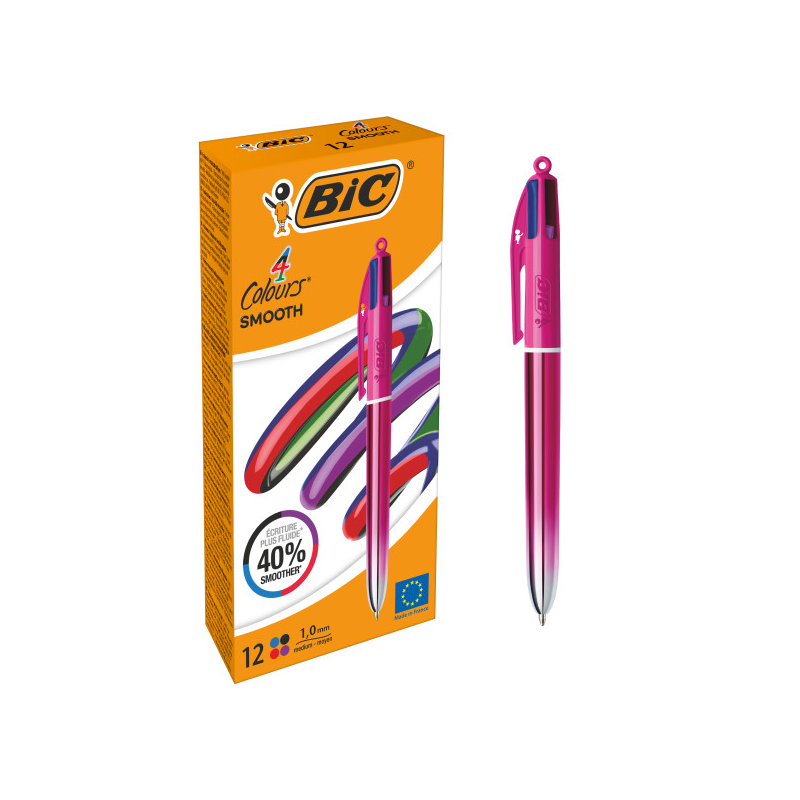 Lot de 12 stylos bille rétractables Bic 4 couleurs dégradé rose