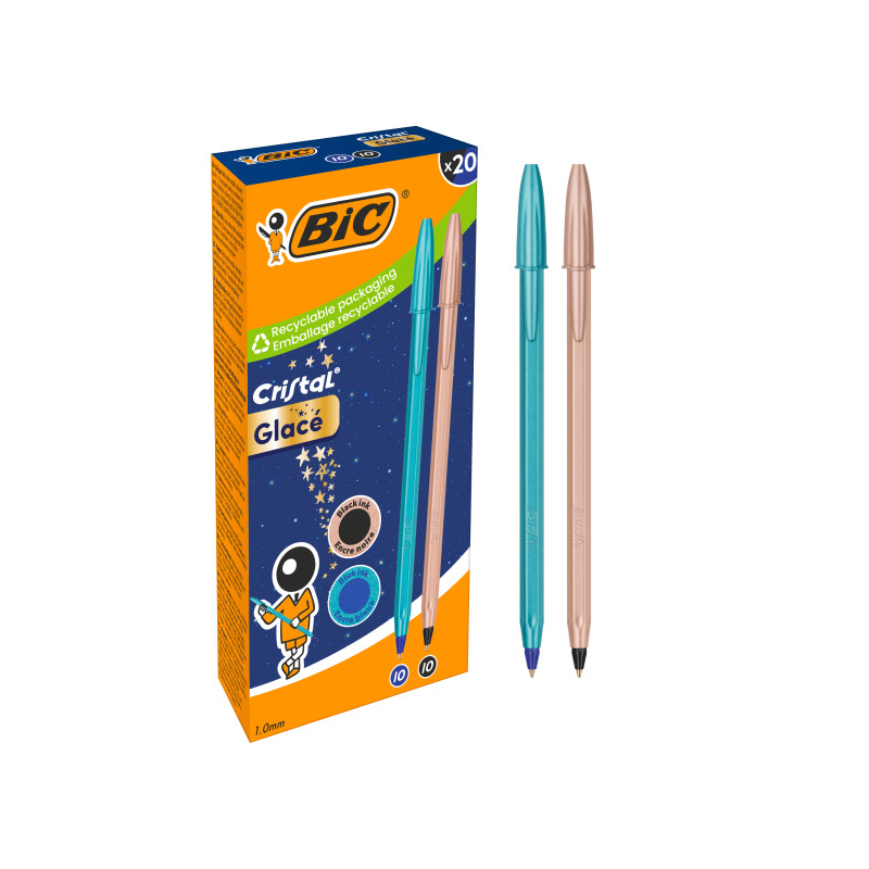 Lot de 20 stylos bille Bic Cristal Glace bleu et cuivre 1 mm