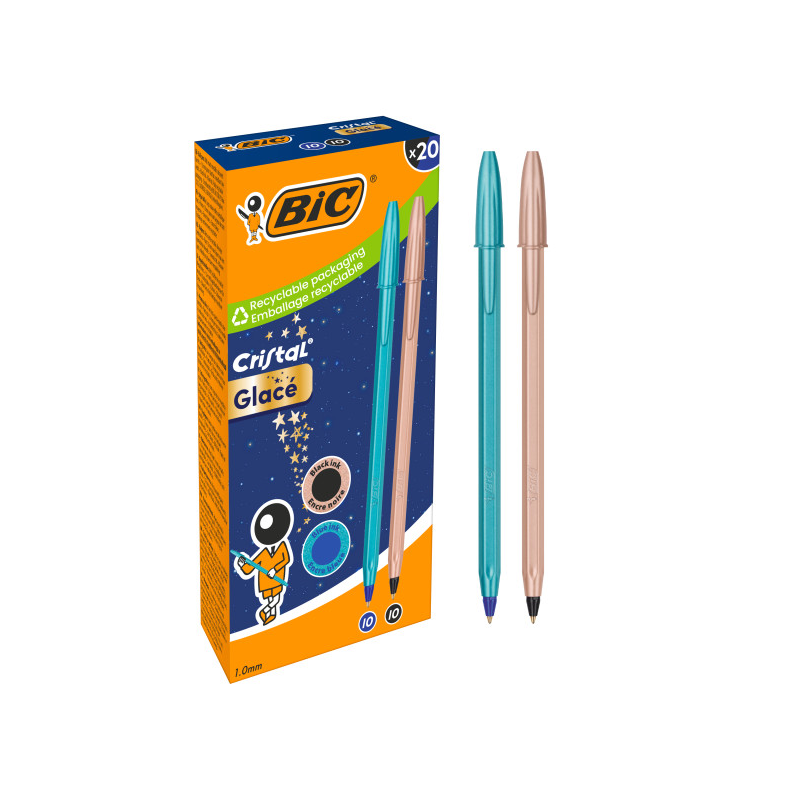 Lot de 20 stylos bille Bic Cristal Glace bleu et cuivre 1 mm