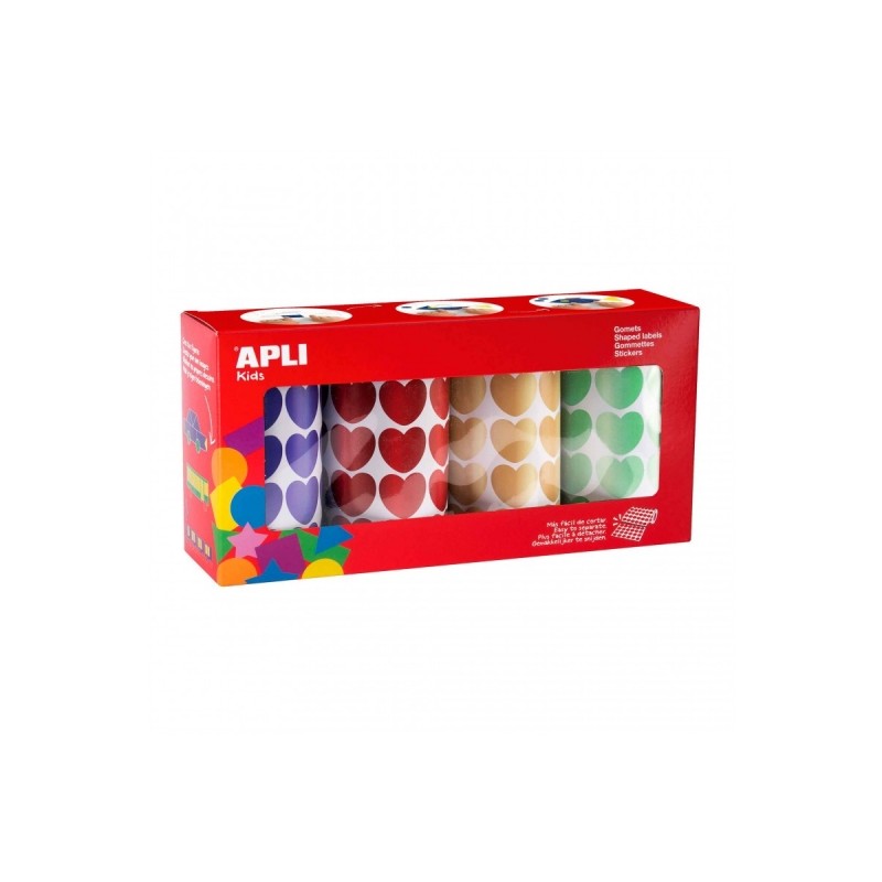 Apli Pack de 4 rouleaux de Gomets en forme de cœur - Idéal pour les jardins d'enfants - Favorise la psychomotricité fine et la