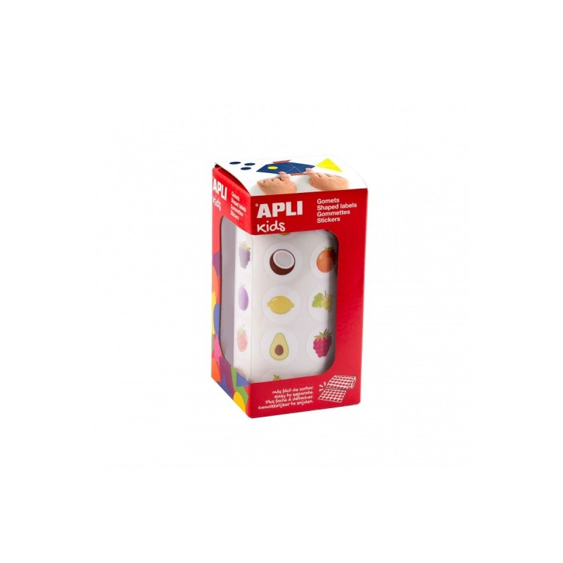 Apli Rouleau de Gomets aux Fruits - Adhésif Permanent - 900 Gomets - Formes Assorties - Idéal pour les Maternelles - Développe