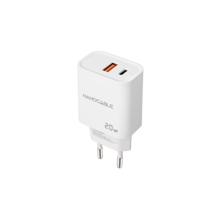 ✅ Chargeur Mural Nanocable USB-C/PD + USB-A/QC 20W - Blanc couleur Blanc en stock