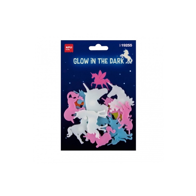 Apli Licornes luminescentes 3D - Plastique solide - Brille dans le noir - Adhésif permanent - Modèles et tailles assortis