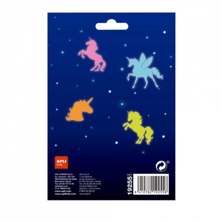 Apli Licornes luminescentes 3D - Plastique solide - Brille dans le noir - Adhésif permanent - Modèles et tailles assortis
