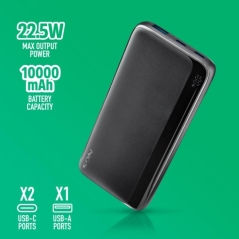 Batterie externe NGS QUIZ 10 10 000 mAh - 22,5 W - PD 3.0 - QC 3.0 - 2 ports USB-C, 1 port USB-A - Couleur : Noir