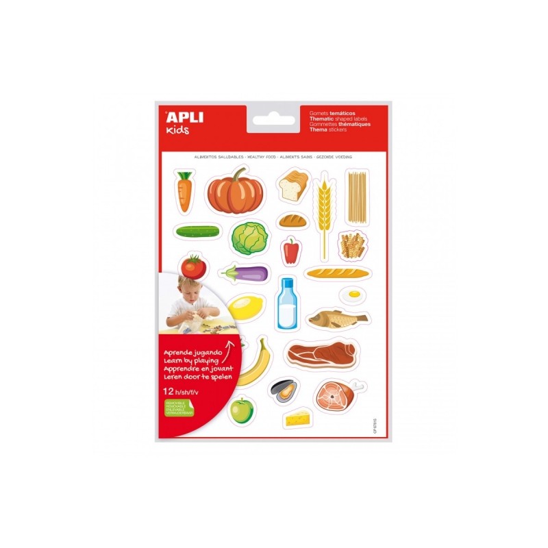 Apli Sachet de Gomets sur le thème des aliments sains - Adhésif amovible - Illustrations amusantes - Favorise le vocabulaire et