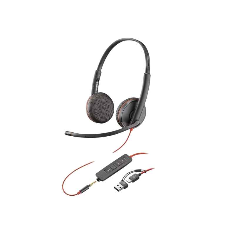 Casque HP Poly Blackwire 3220 USB-C avec microphone - Oreillettes rembourrées - Commandes intégrées - Adaptateur USB-A - Noir