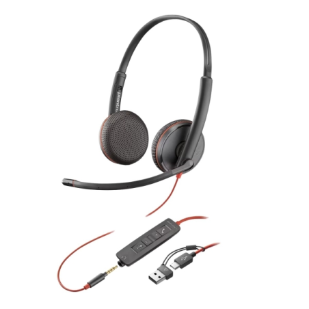 Casque HP Poly Blackwire 3220 USB-C avec microphone - Oreillettes rembourrées - Commandes intégrées - Adaptateur USB-A - Noir