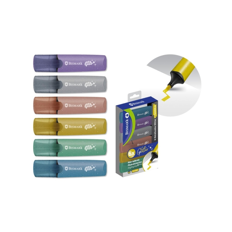 Lot de 6 marqueurs fluorescents à paillettes métalliques Bismark - Encre à séchage rapide - Pointe biseautée - Idéal pour