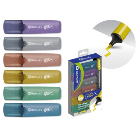 Lot de 6 marqueurs fluorescents à paillettes métalliques Bismark - Encre à séchage rapide - Pointe biseautée - Idéal pour