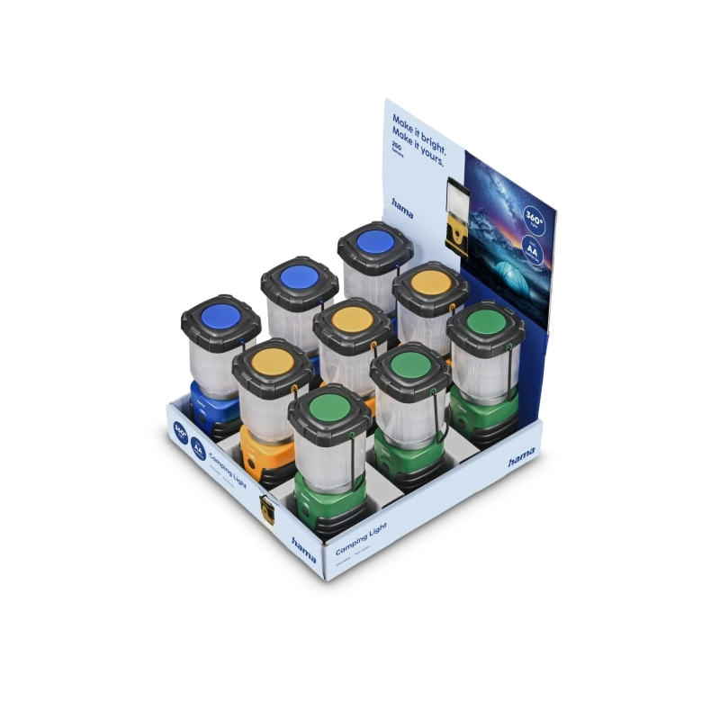 Présentoir Hama L250 avec 12 lampes torches LED - Fonctionne sur piles - 250 lumens - Crochet pliable - Jusqu'à 15 heures