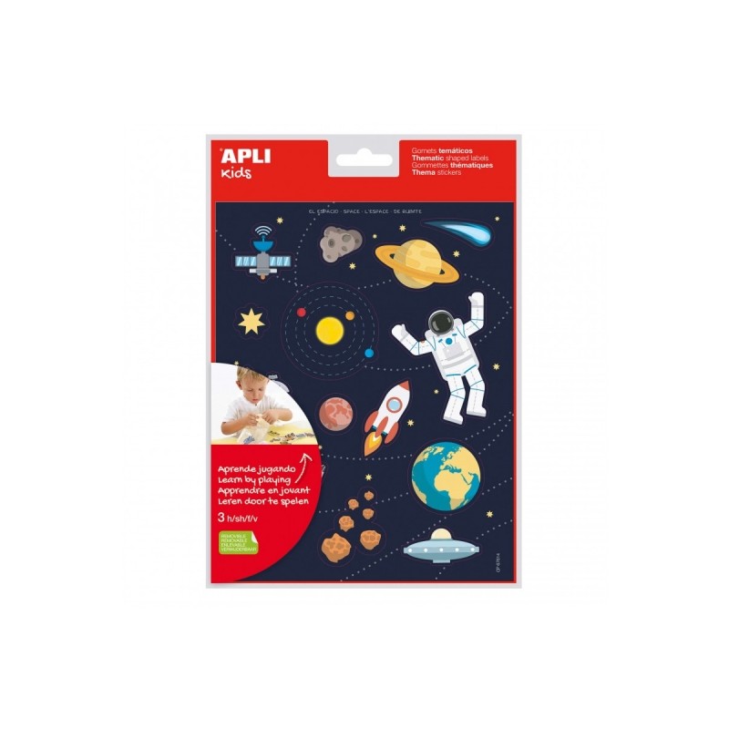 Apli Sachet de Gomets Thème Espace - Adhésif amovible - Développe la motricité - Idéal pour les écoles - Adhésif à base d'eau