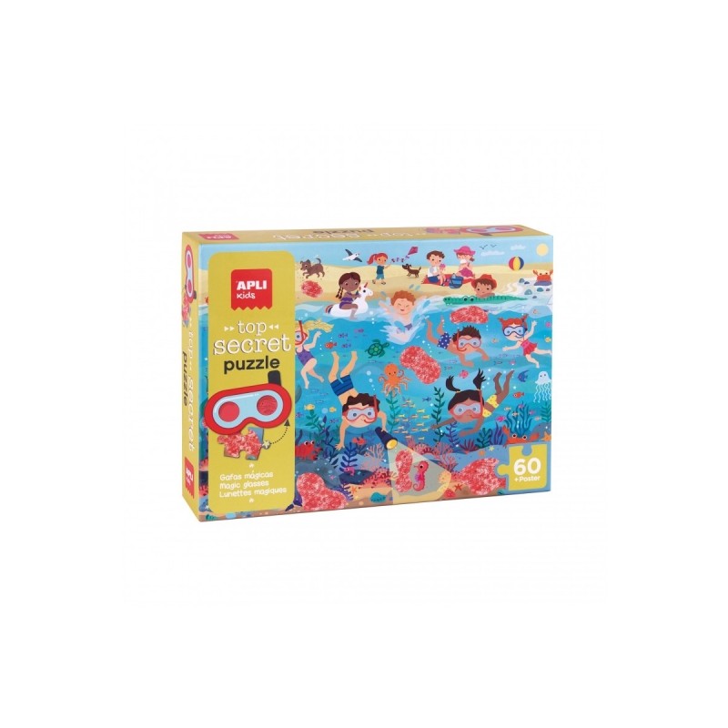 Apli Secret Beach Puzzle - Design coloré pour enfants - Pièces résistantes et sûres - Comprend des lunettes magiques et une