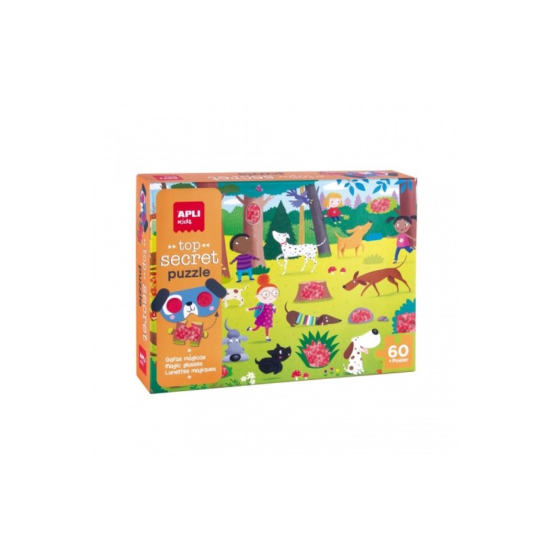 Apli Secret Dog Puzzle - Design pour enfants et coloré - Comprend des lunettes magiques et un poster - Pièces résistantes et