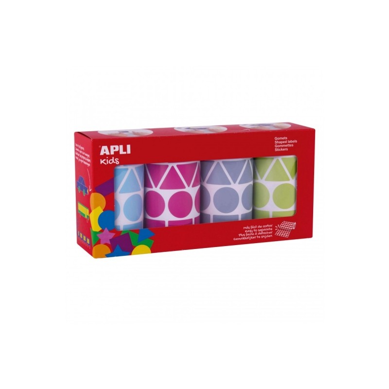 Apli Pack de 4 Rouleaux de Gomets Géométriques Assortis - Formes Variées - Faciles à Séparer - Idéal pour les Crèches - Haute