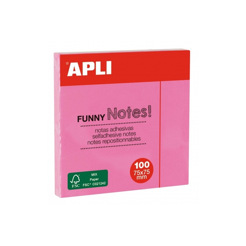 Bloc-Notes Apli Sticky - 100 Feuilles - Papier Certifié FSC - Adhésif Repositionnable - Couleur Rose