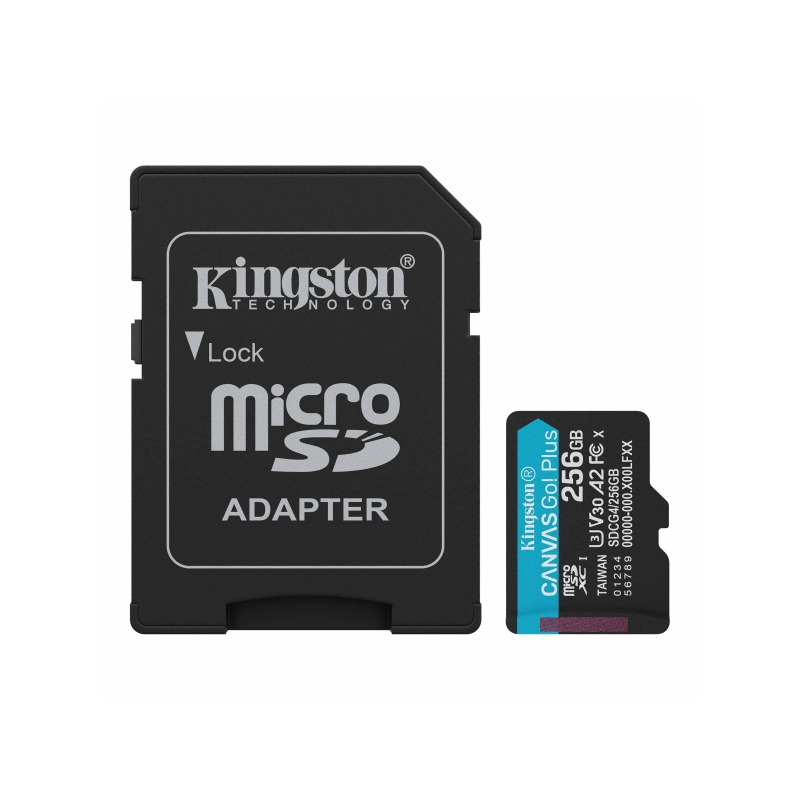 Carte Micro SDXC Kingston 256 Go UHS-I U3 V30 Classe 10 200 Mo/s Canvas Go Plus avec adaptateur
