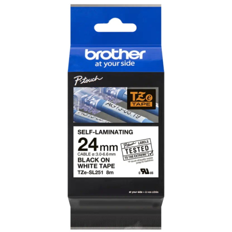 Ruban auto-plastifiant original Brother TZeSL251 - Texte noir sur fond blanc - Largeur 24 mm x 8 mètres