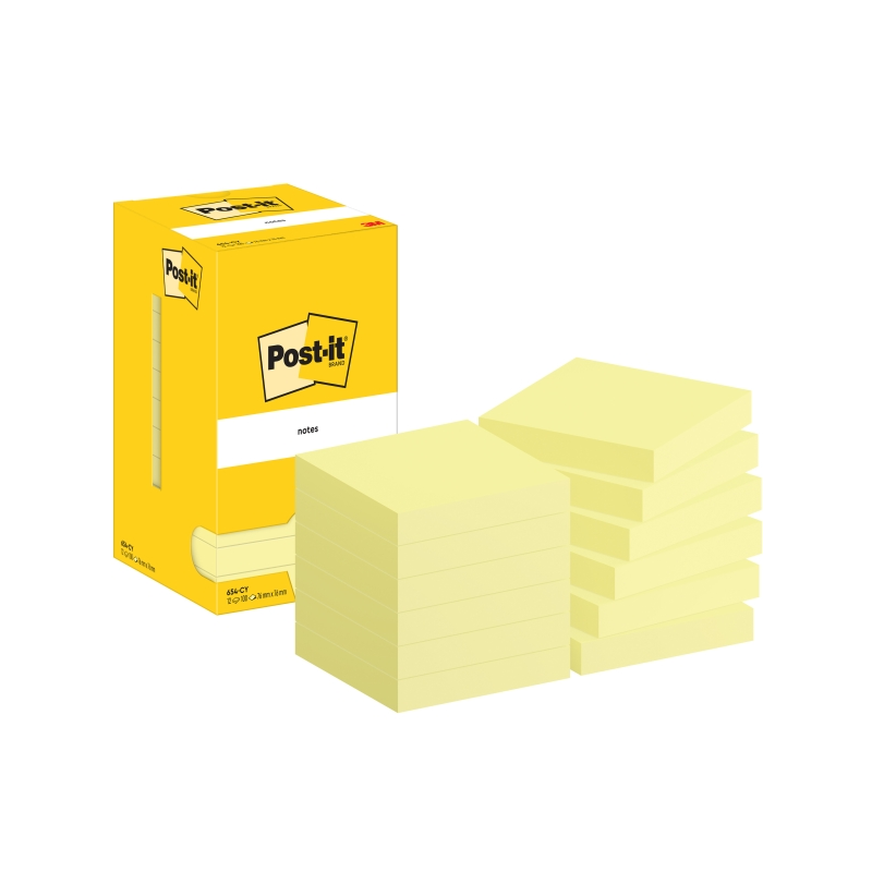 Lot de 12 blocs de 100 notes autocollantes repositionnables Post-It - Forme carrée - 76 x 76 mm - Jaune clair